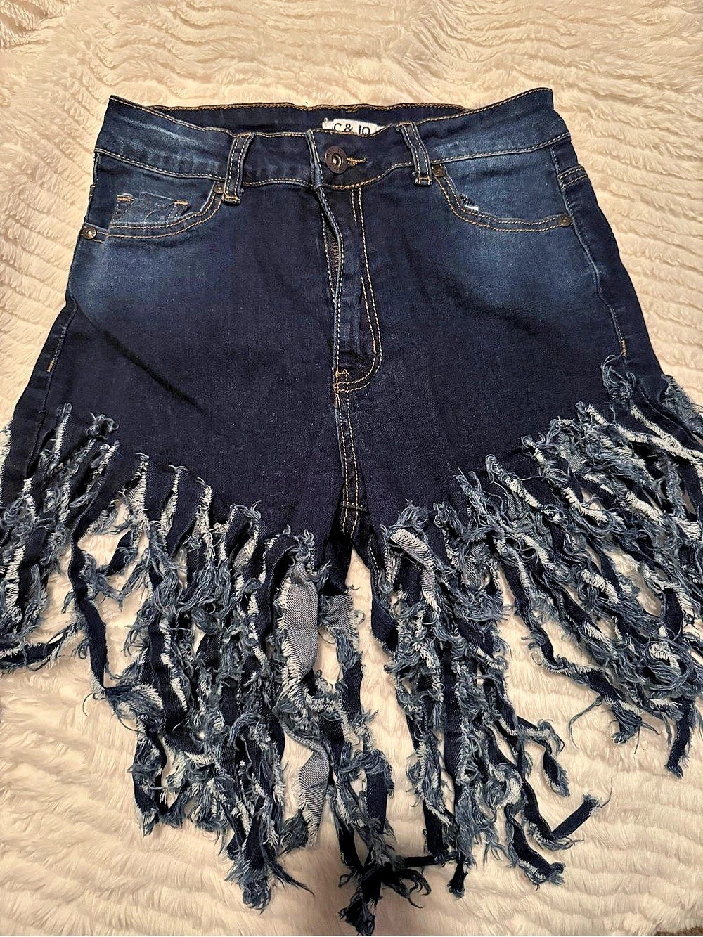 JC & JQ Blue Denim High Waisted Fringe Tassel Shorts